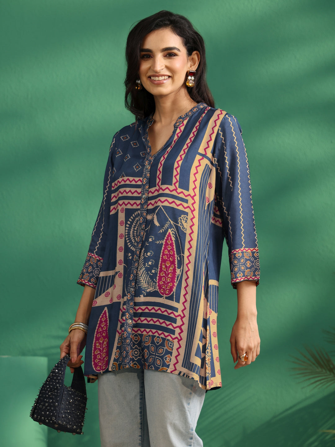 Libas Teal Blue Printed Muslin Short Kurti