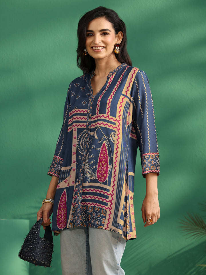 Libas Teal Blue Printed Muslin Short Kurti