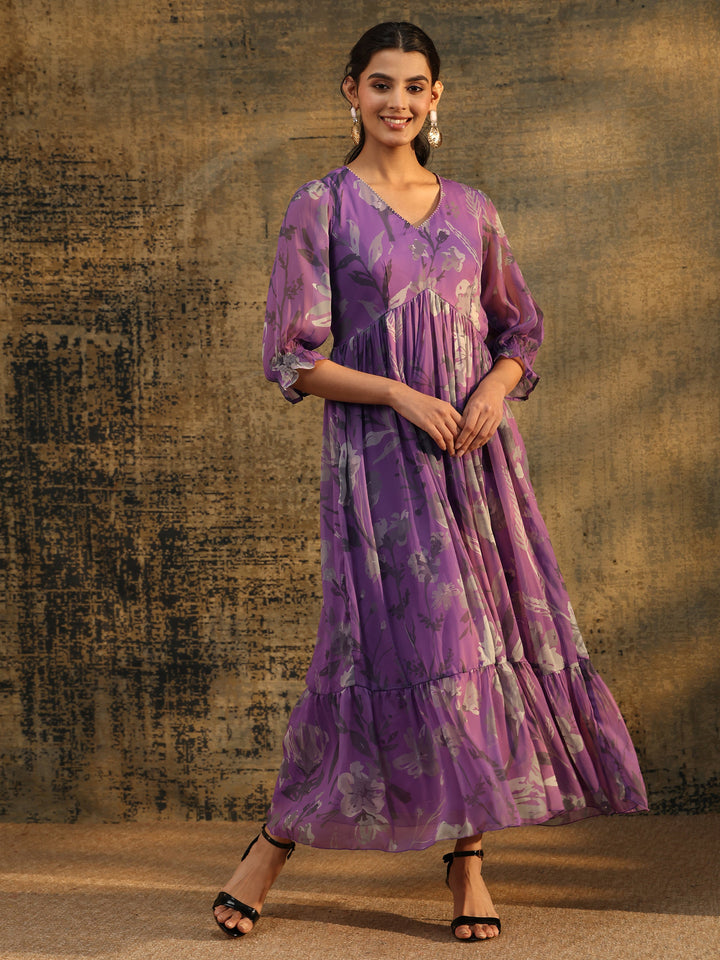 Libas Orchid Purple Floral Printed Empire Chiffon Dress