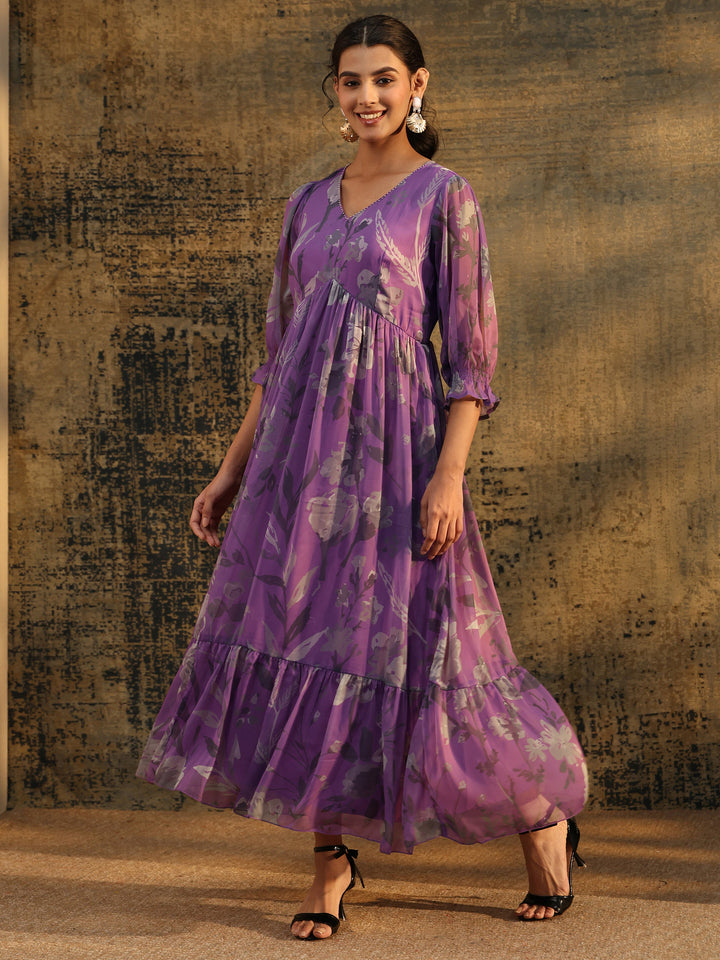 Libas Orchid Purple Floral Printed Empire Chiffon Dress