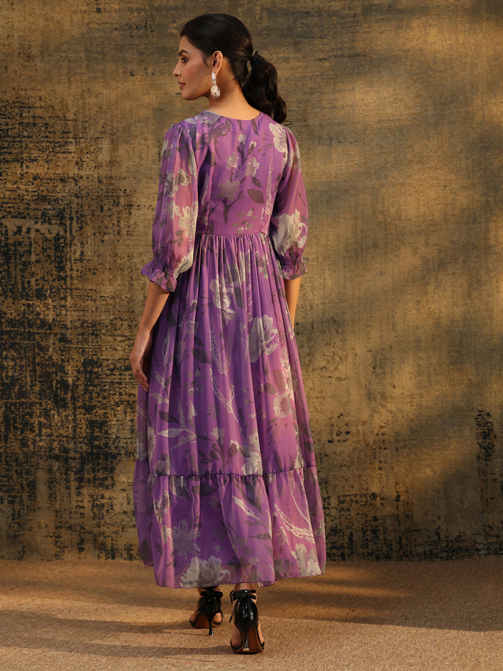 Libas Orchid Purple Floral Printed Empire Chiffon Dress
