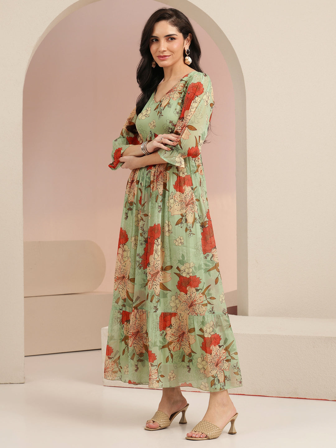 Libas Mint Green Floral Printed Chiffon Empire Dress