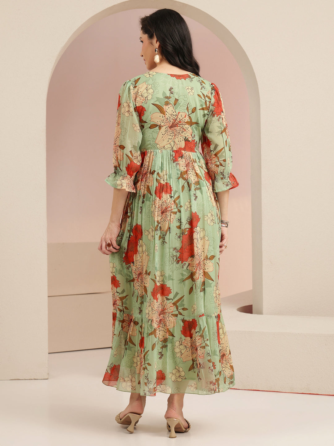 Libas Mint Green Floral Printed Chiffon Empire Dress