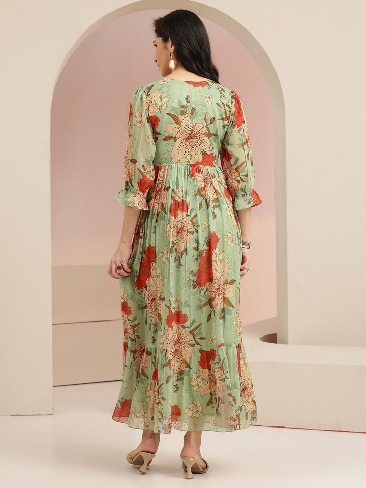 Libas Mint Green Floral Printed Chiffon Empire Dress