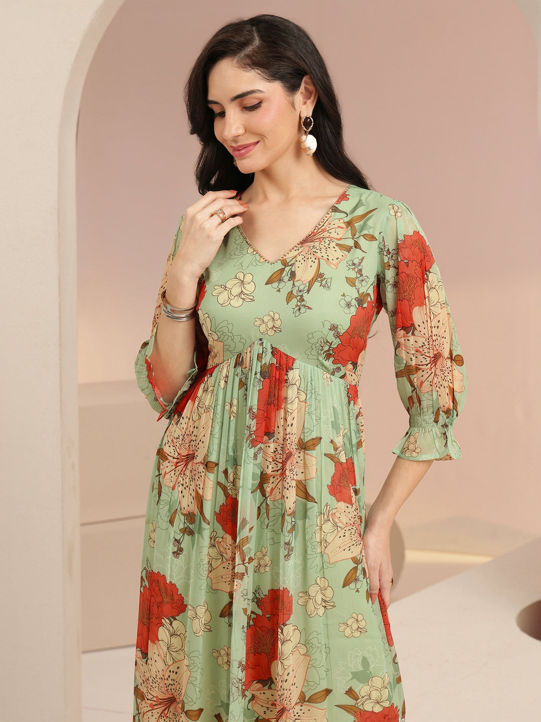 Libas Mint Green Floral Printed Chiffon Empire Dress