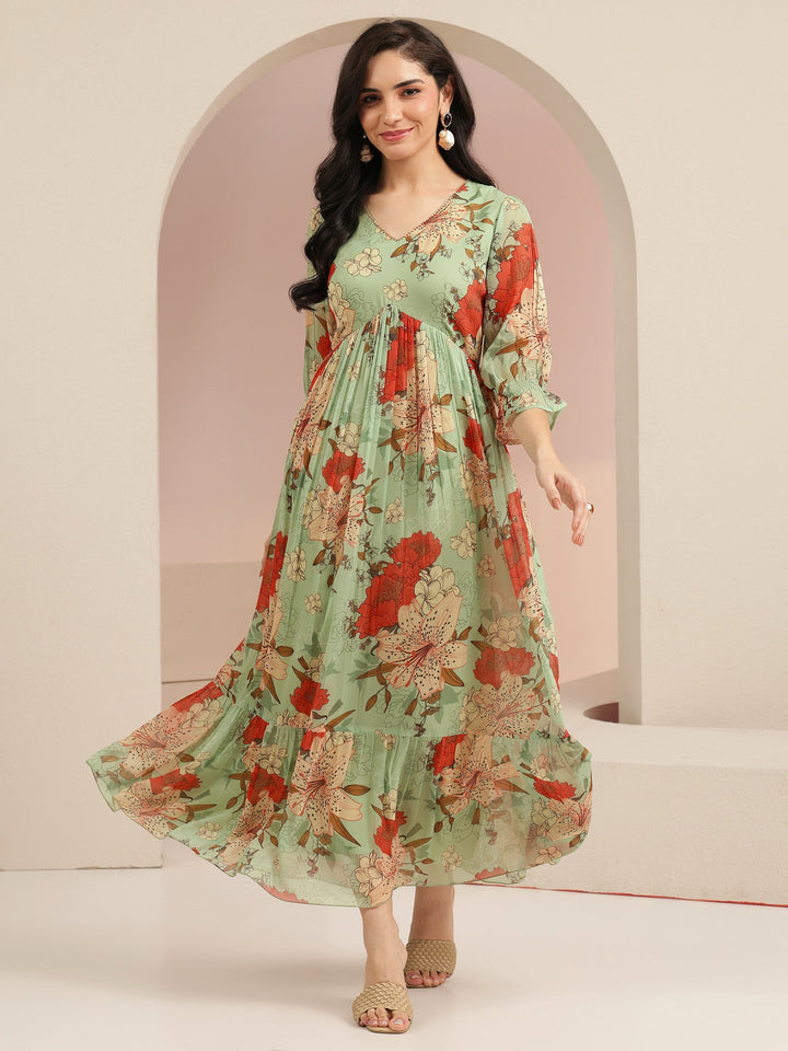 Libas Mint Green Floral Printed Chiffon Empire Dress