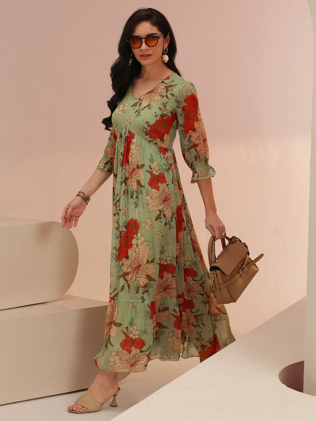 Libas Mint Green Floral Printed Chiffon Empire Dress