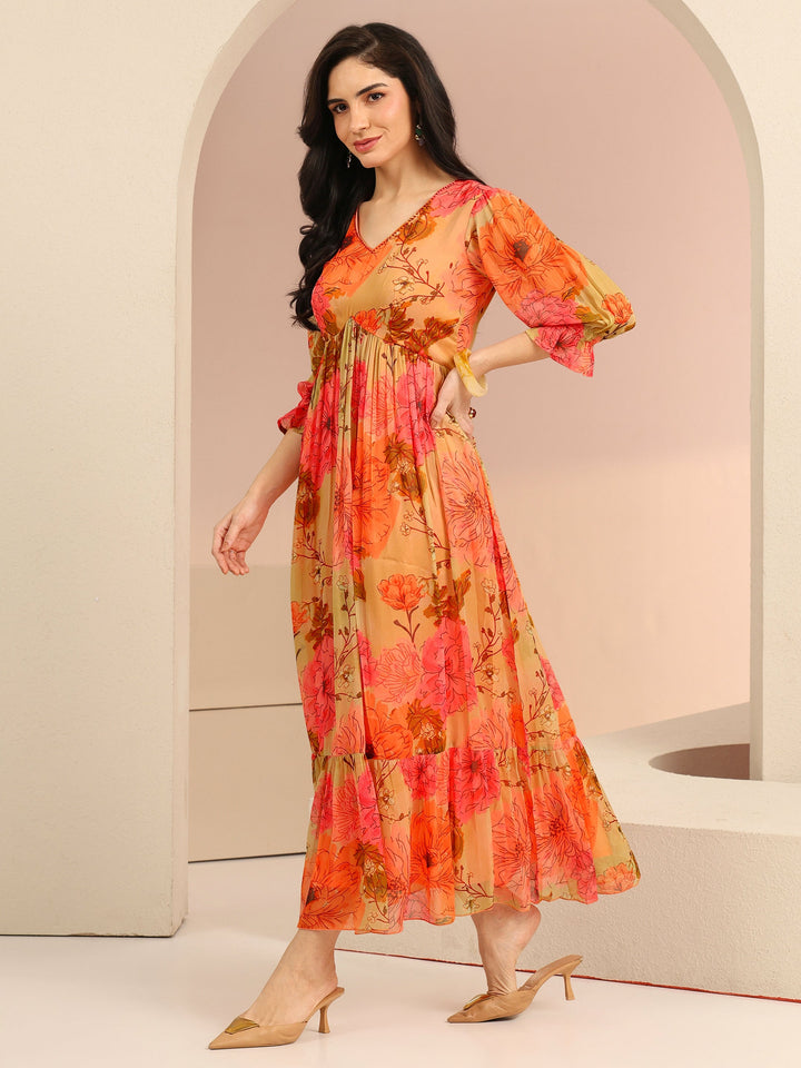 Libas Beige Floral Printed Chiffon Empire Dress