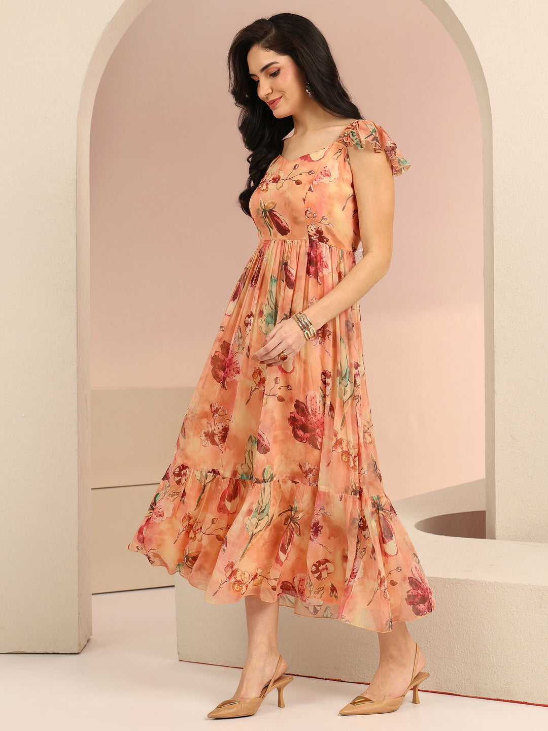 Libas Peach Floral Printed Chiffon A-Line Dress