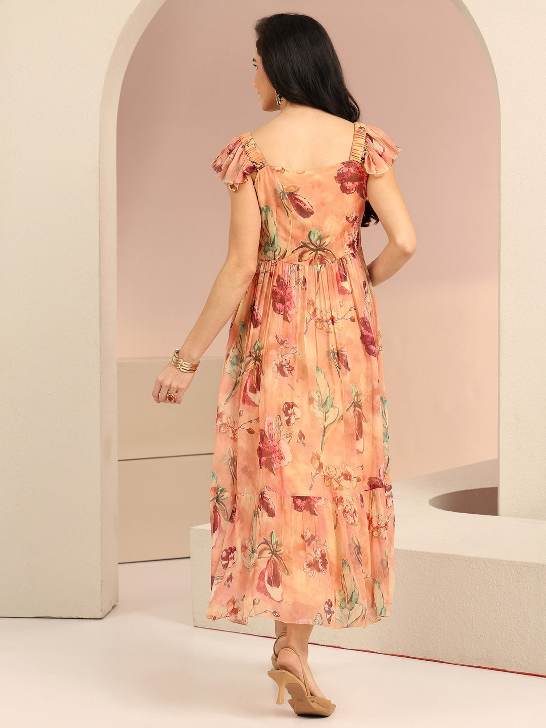 Libas Peach Floral Printed Chiffon A-Line Dress