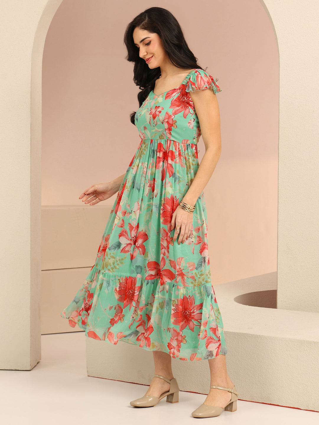 Libas Mint Green Floral Printed Chiffon A-Line Dress