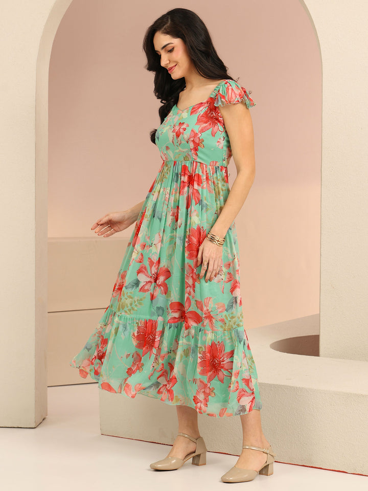 Libas Mint Green Floral Printed Chiffon A-Line Dress
