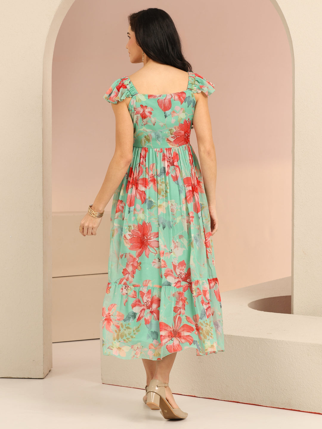 Libas Mint Green Floral Printed Chiffon A-Line Dress