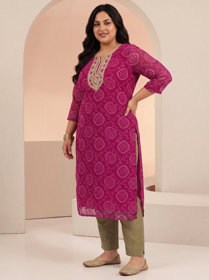 Plus Size Rani Pink Bandhani Printed Chiffon Straight Kurta