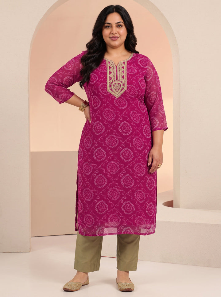 Plus Size Rani Pink Bandhani Printed Chiffon Straight Kurta