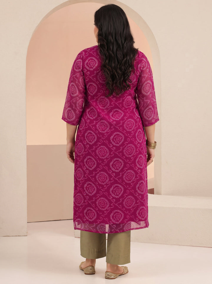 Plus Size Rani Pink Bandhani Printed Chiffon Straight Kurta