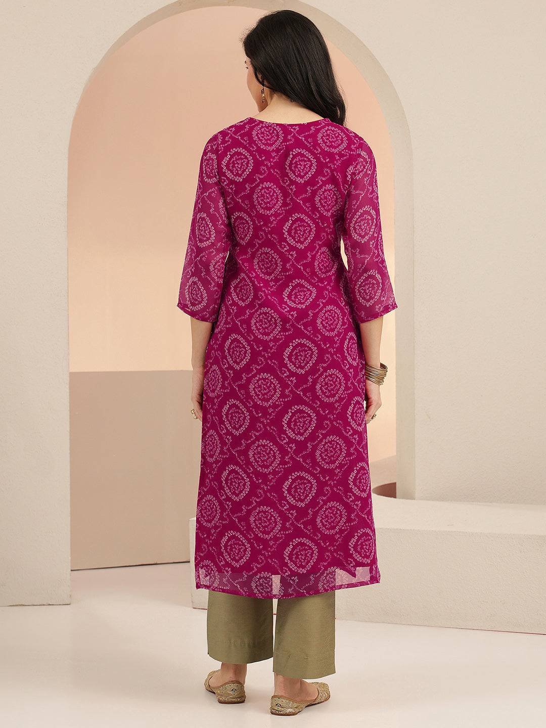 Libas Rani Pink Bandhani Printed Chiffon Straight Kurta