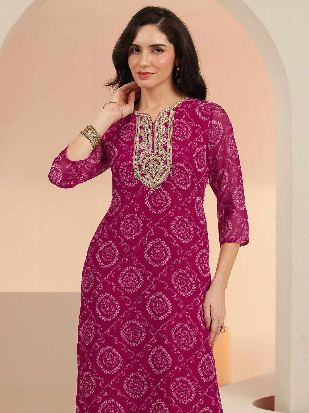 Libas Rani Pink Bandhani Printed Chiffon Straight Kurta