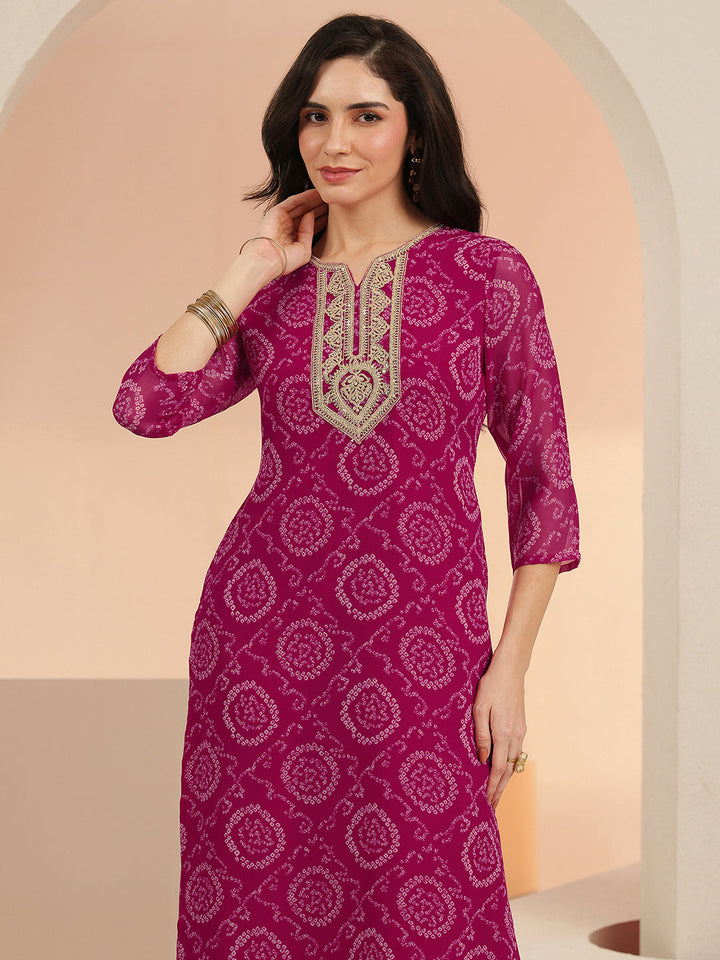 Libas Rani Pink Bandhani Printed Chiffon Straight Kurta