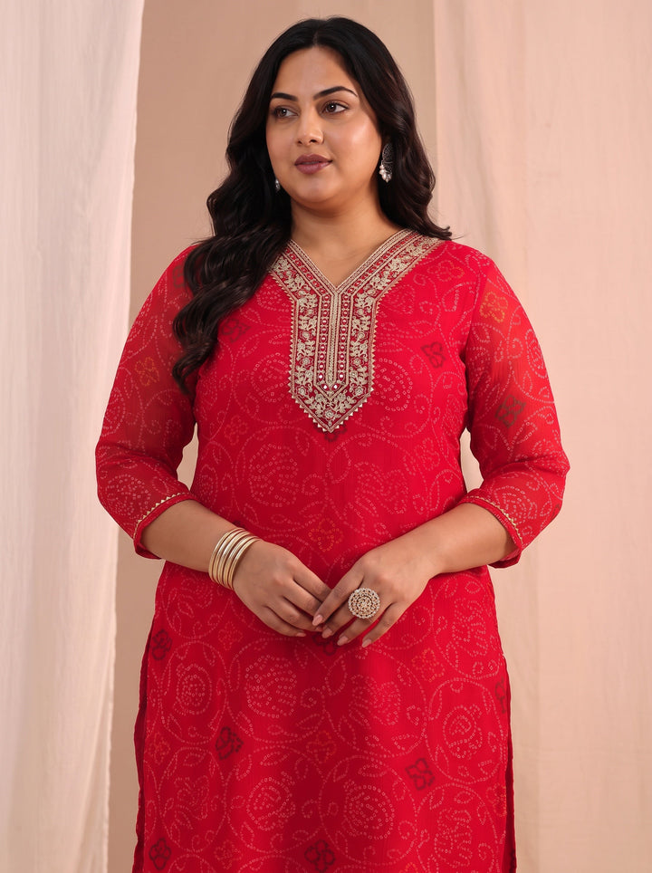 Plus Size Red Bandhani Printed Chiffon Straight Kurta