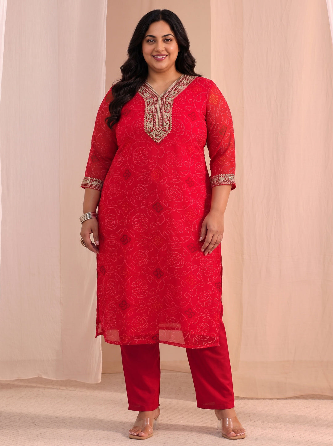 Plus Size Red Bandhani Printed Chiffon Straight Kurta