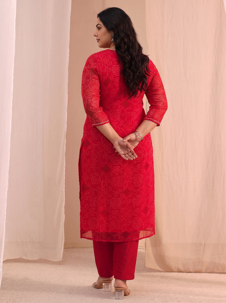 Plus Size Red Bandhani Printed Chiffon Straight Kurta