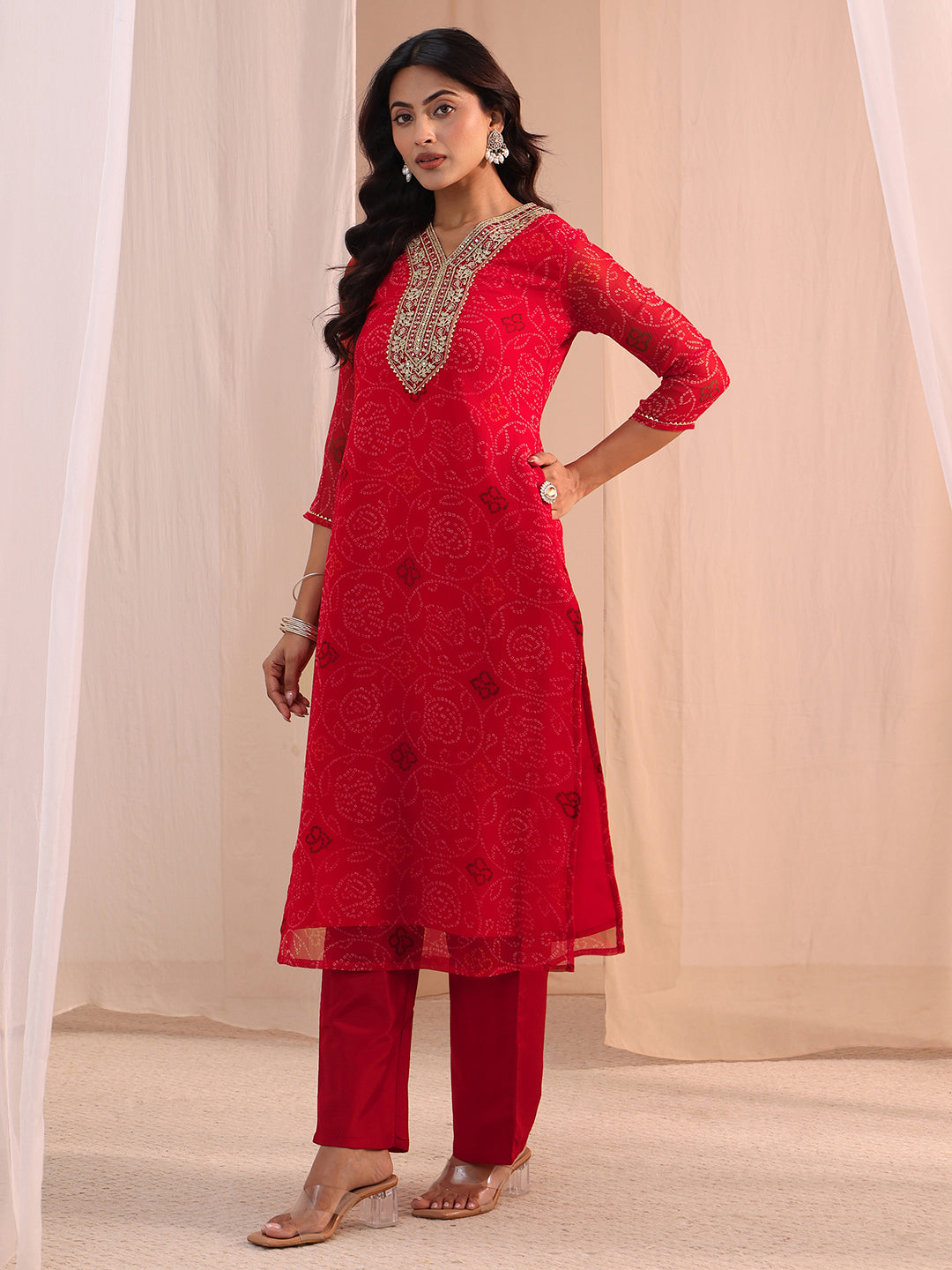 Libas Red Bandhani Printed Chiffon Straight Kurta