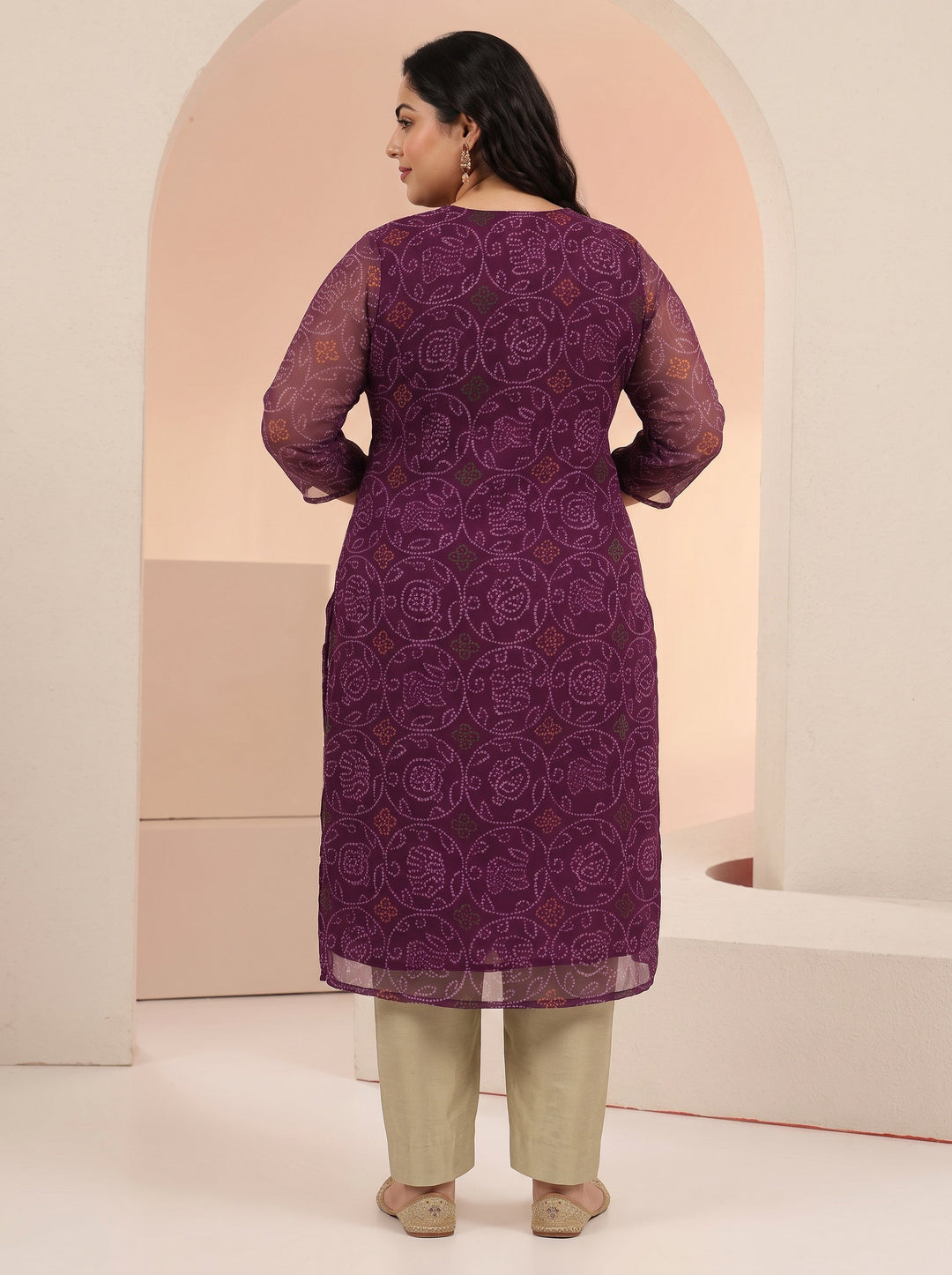 Plus Size Burgundy Bandhani Printed Chiffon Straight Kurta