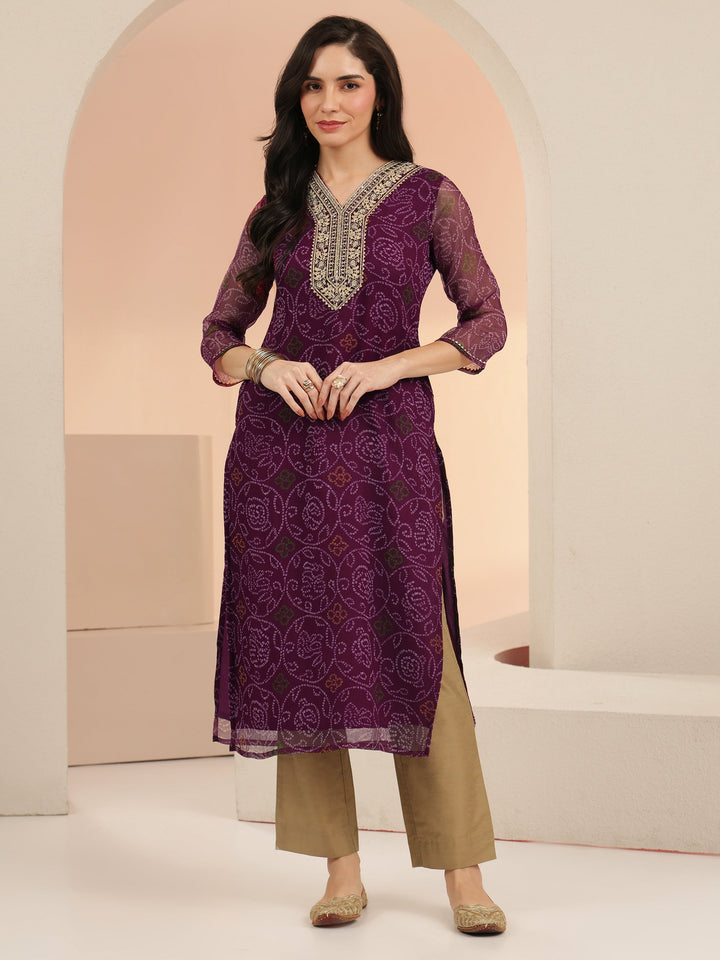 Libas Burgundy Bandhani Printed Chiffon Straight Kurta