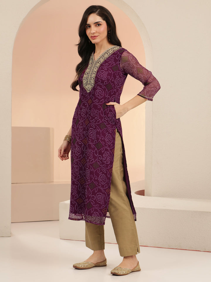 Libas Burgundy Bandhani Printed Chiffon Straight Kurta