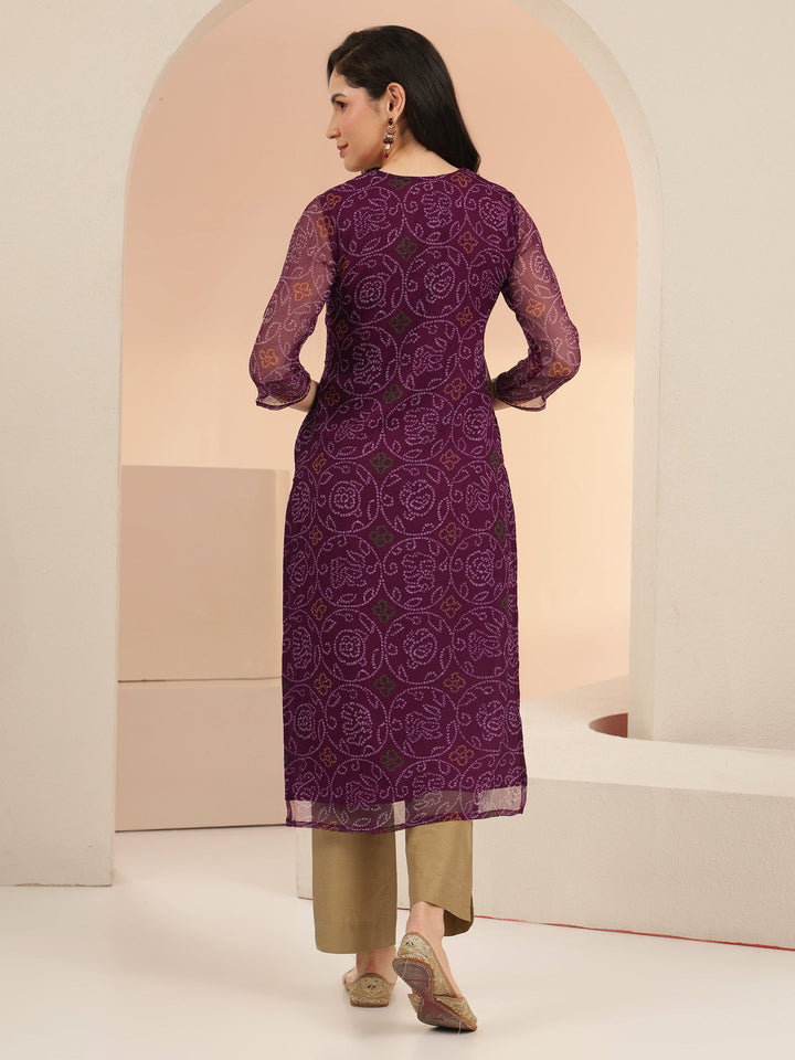 Libas Burgundy Bandhani Printed Chiffon Straight Kurta