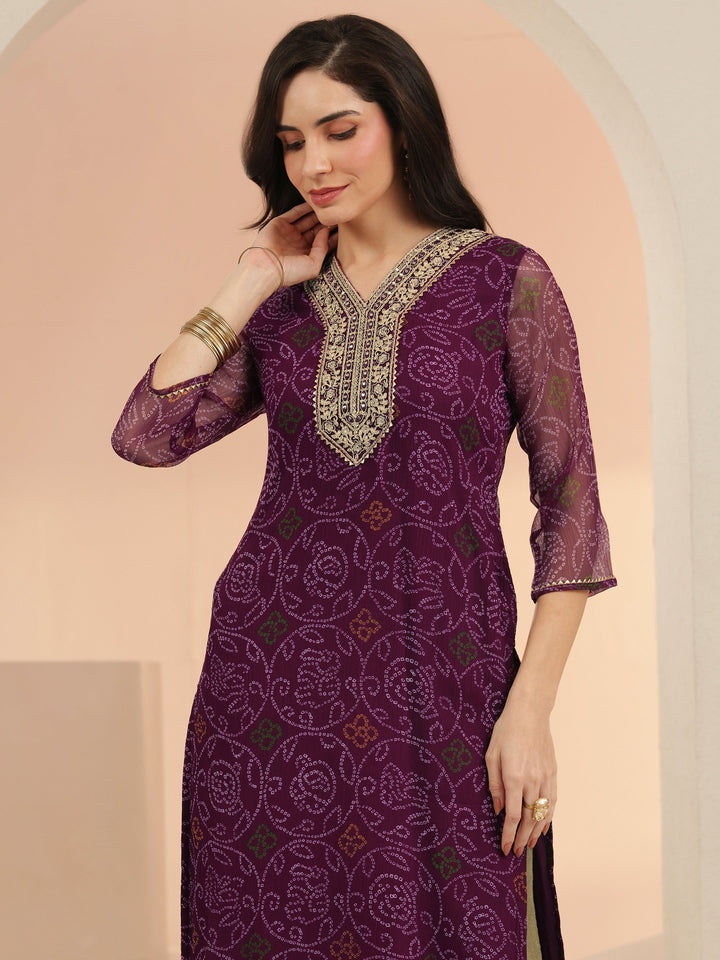 Libas Burgundy Bandhani Printed Chiffon Straight Kurta