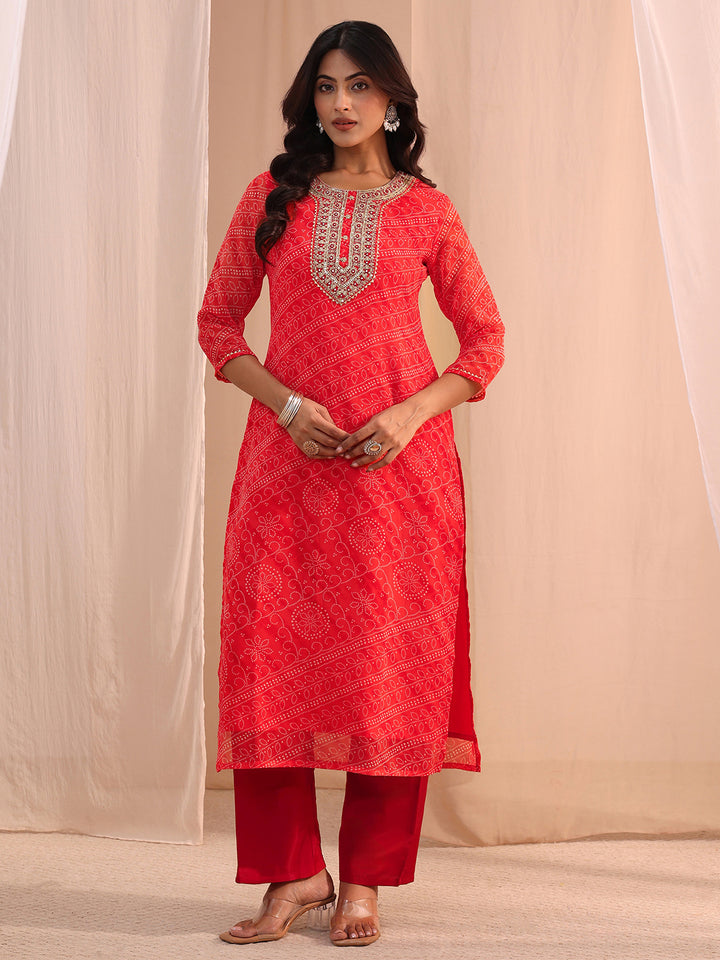 Libas Orange Bandhani Printed Chiffon Straight Kurta