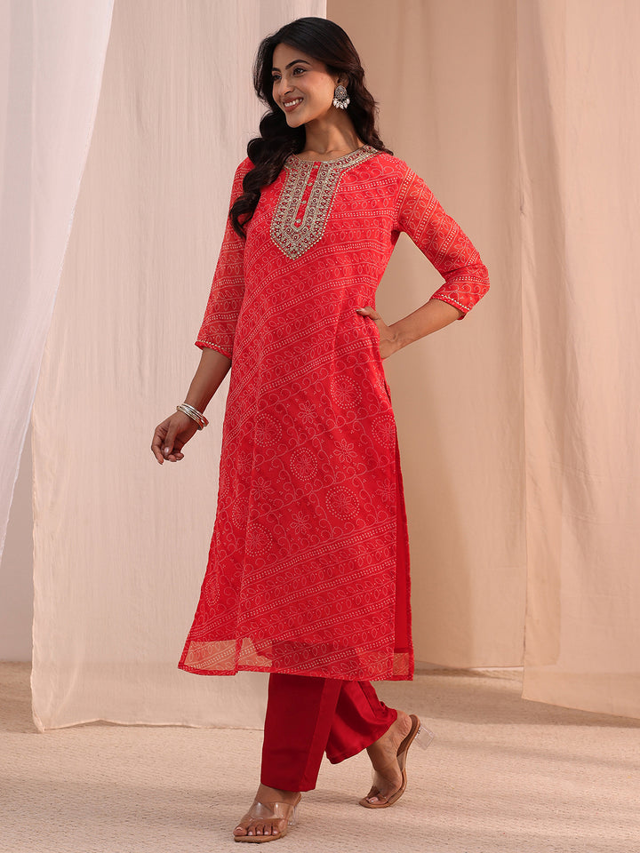 Libas Orange Bandhani Printed Chiffon Straight Kurta