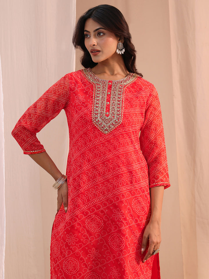 Libas Orange Bandhani Printed Chiffon Straight Kurta