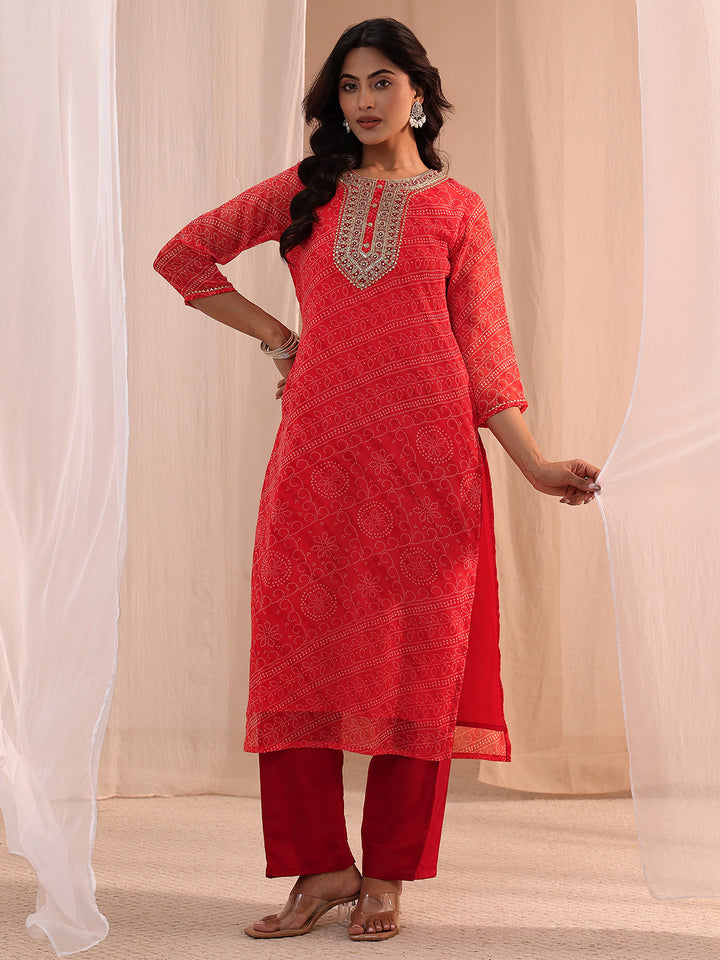 Libas Orange Bandhani Printed Chiffon Straight Kurta