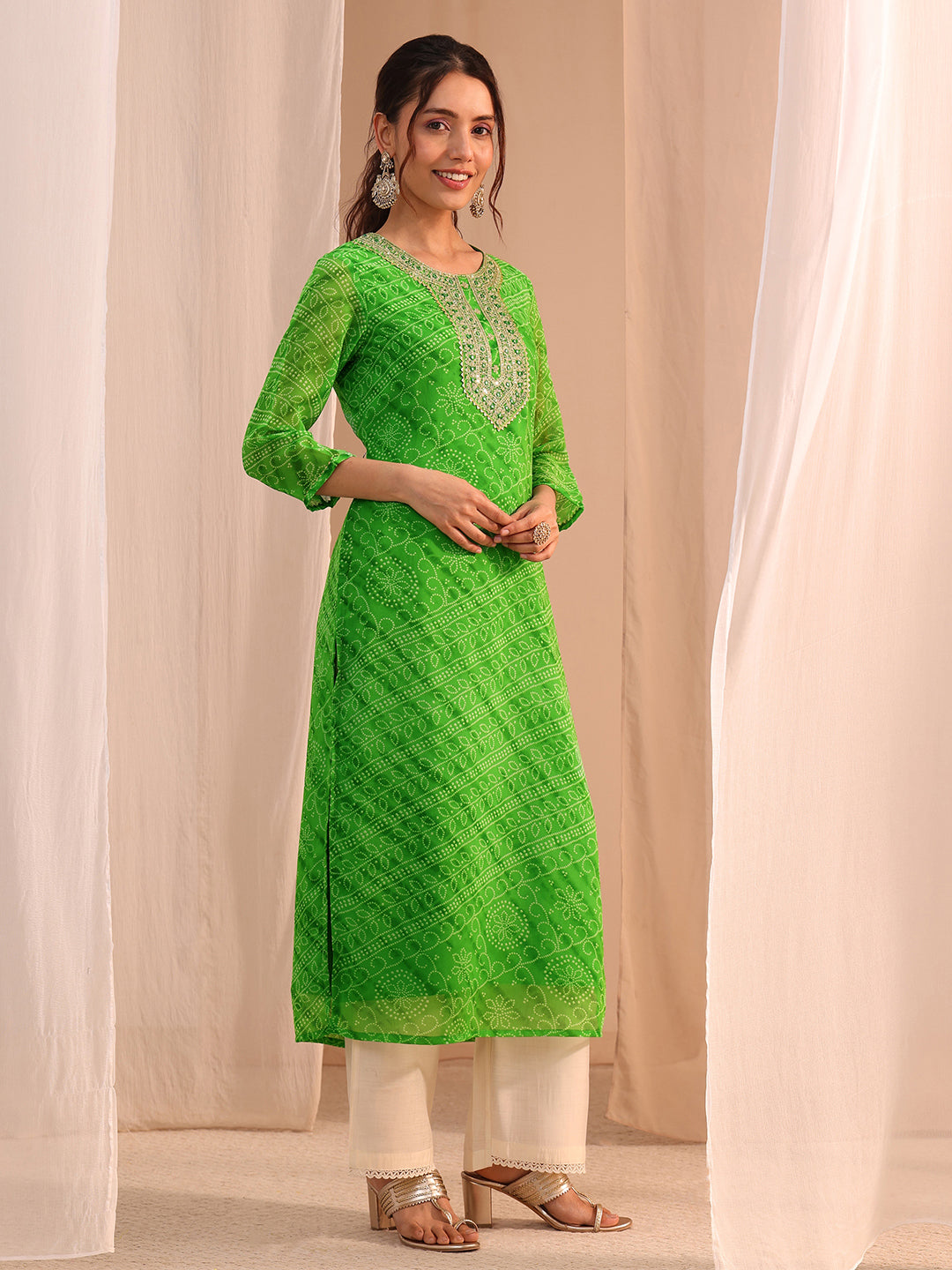 Libas Green Bandhani Printed Chiffon Straight Kurta