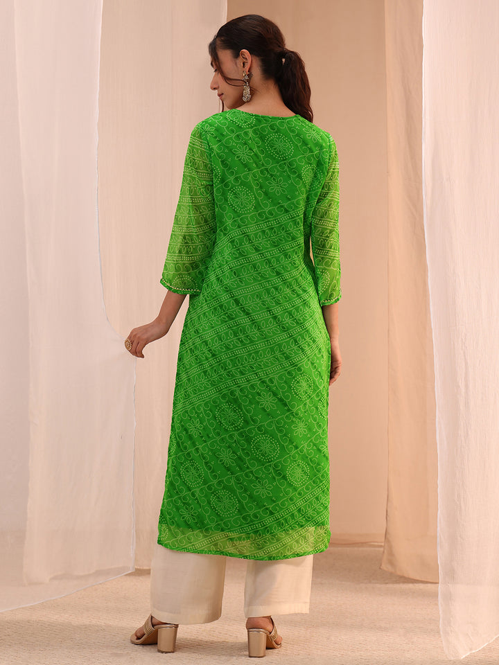 Libas Green Bandhani Printed Chiffon Straight Kurta