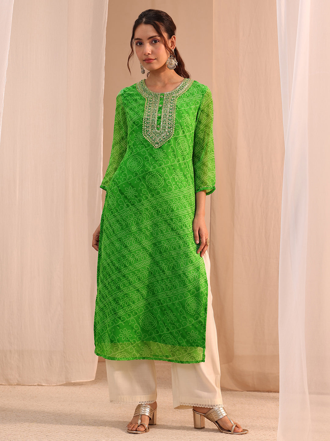 Libas Green Bandhani Printed Chiffon Straight Kurta