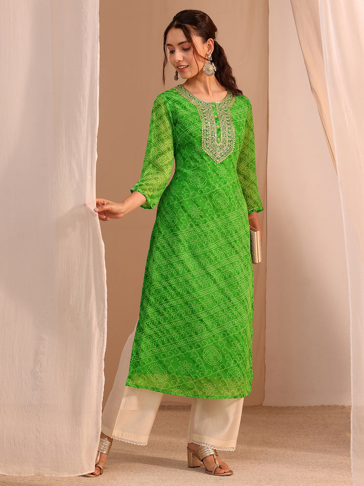 Libas Green Bandhani Printed Chiffon Straight Kurta