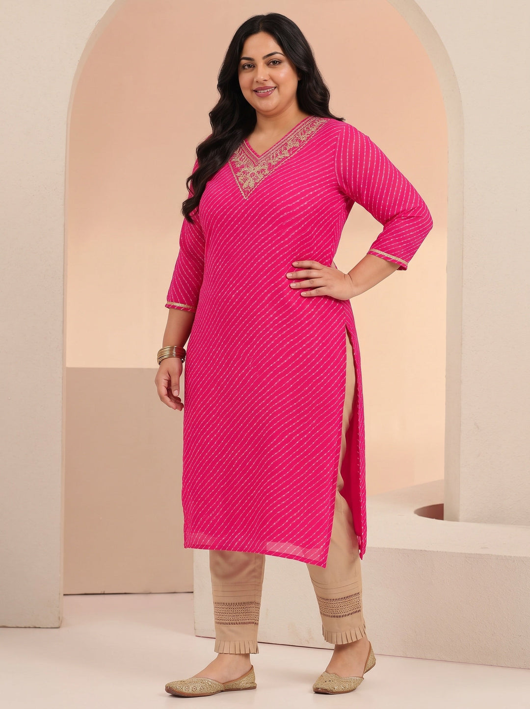 Plus Size Hot Pink Leheriya Printed Chiffon Straight Kurta