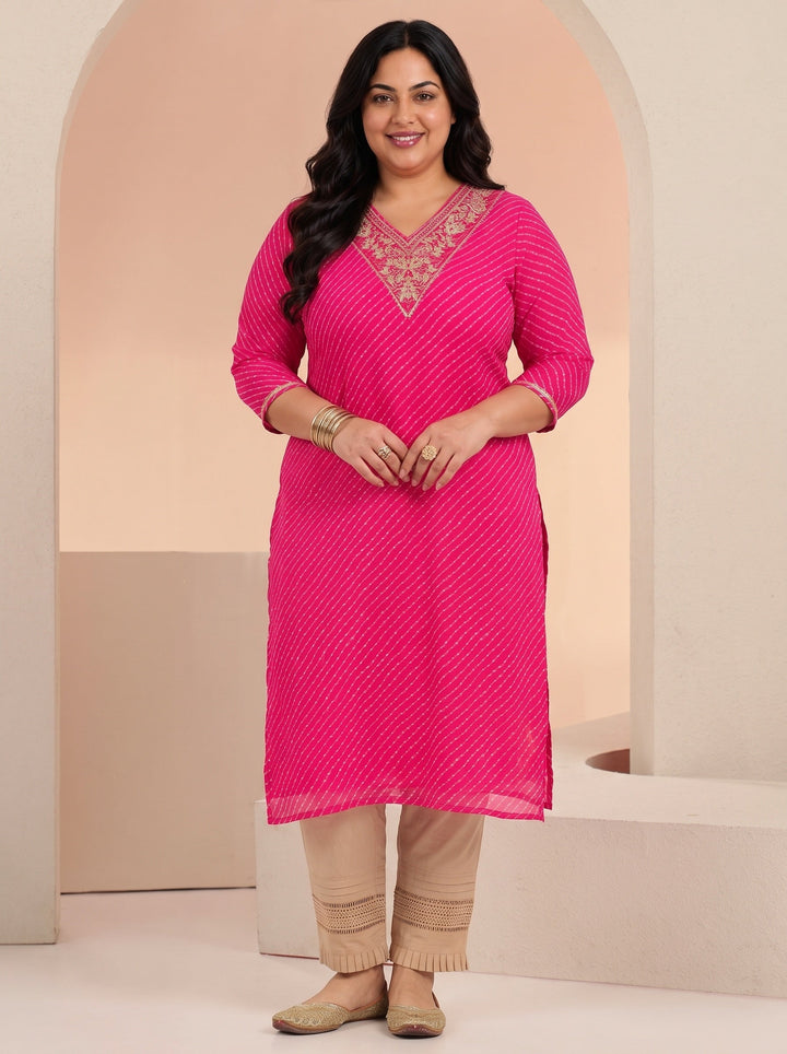 Plus Size Hot Pink Leheriya Printed Chiffon Straight Kurta