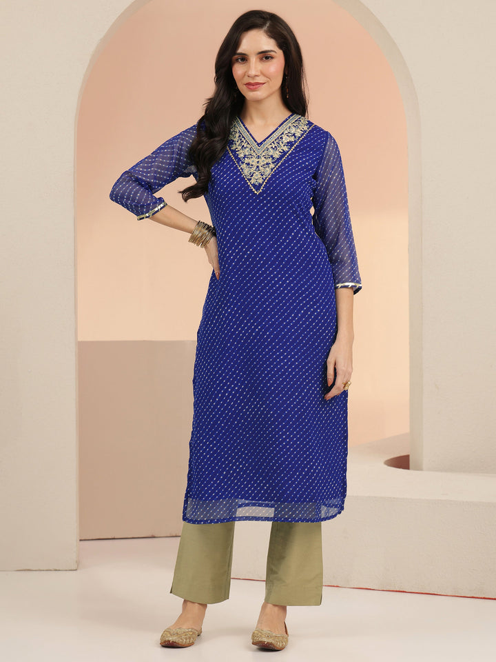 Libas Cobalt Blue Printed Chiffon Straight Kurta