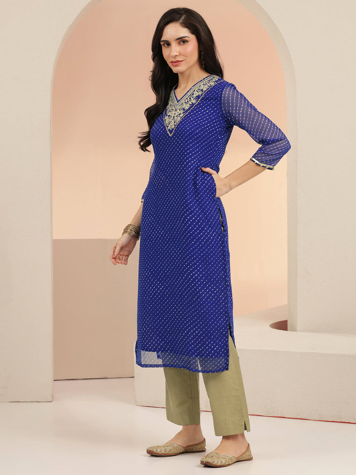 Libas Cobalt Blue Printed Chiffon Straight Kurta