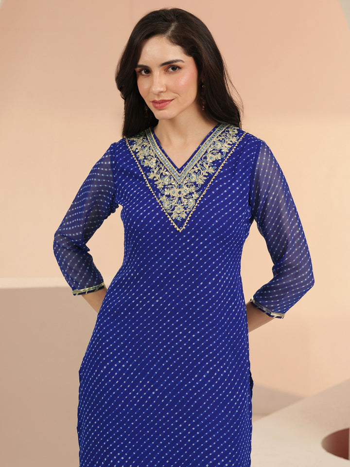 Libas Cobalt Blue Printed Chiffon Straight Kurta
