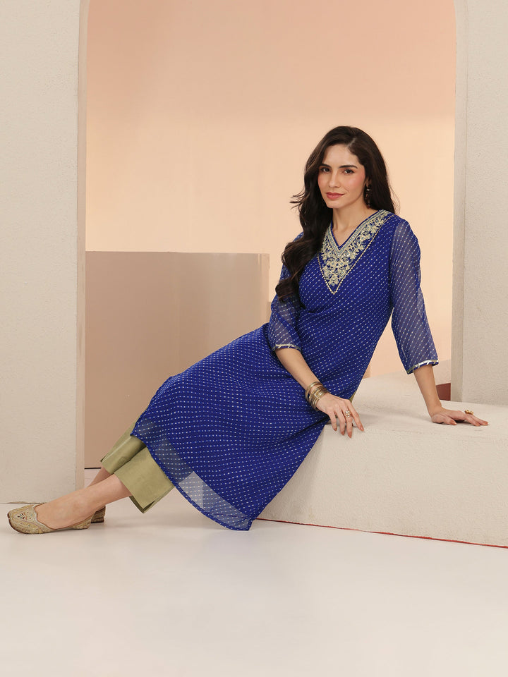 Libas Cobalt Blue Printed Chiffon Straight Kurta