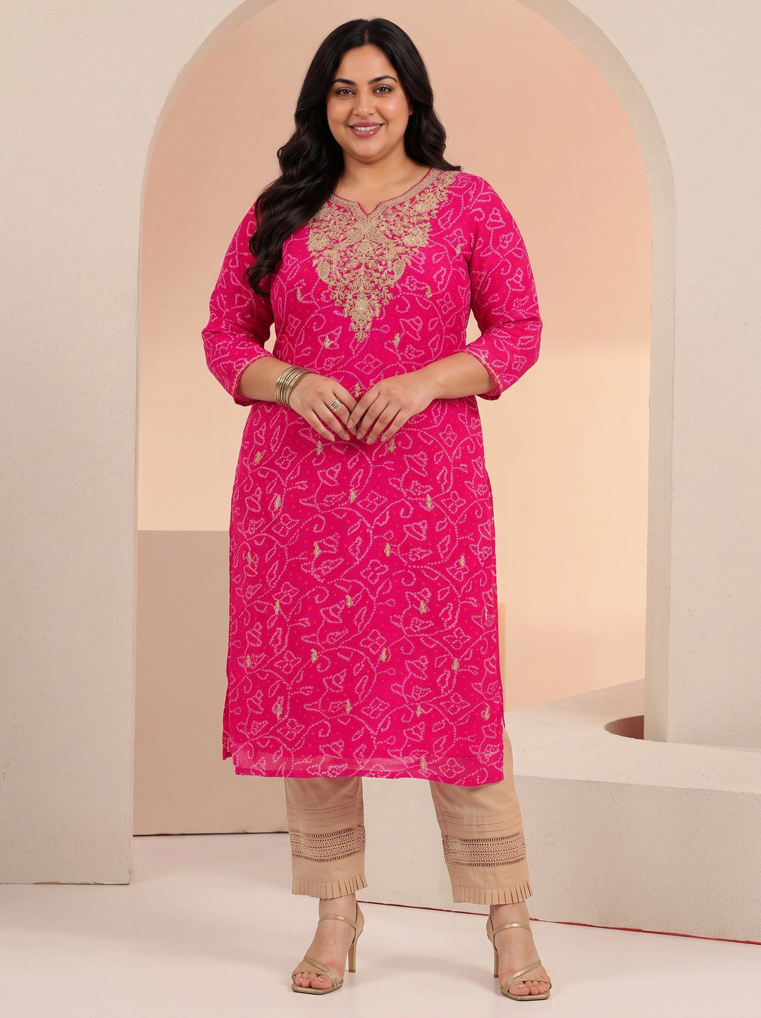 Plus Size Fuchsia Pink Bandhani Printed Chiffon Straight Kurta
