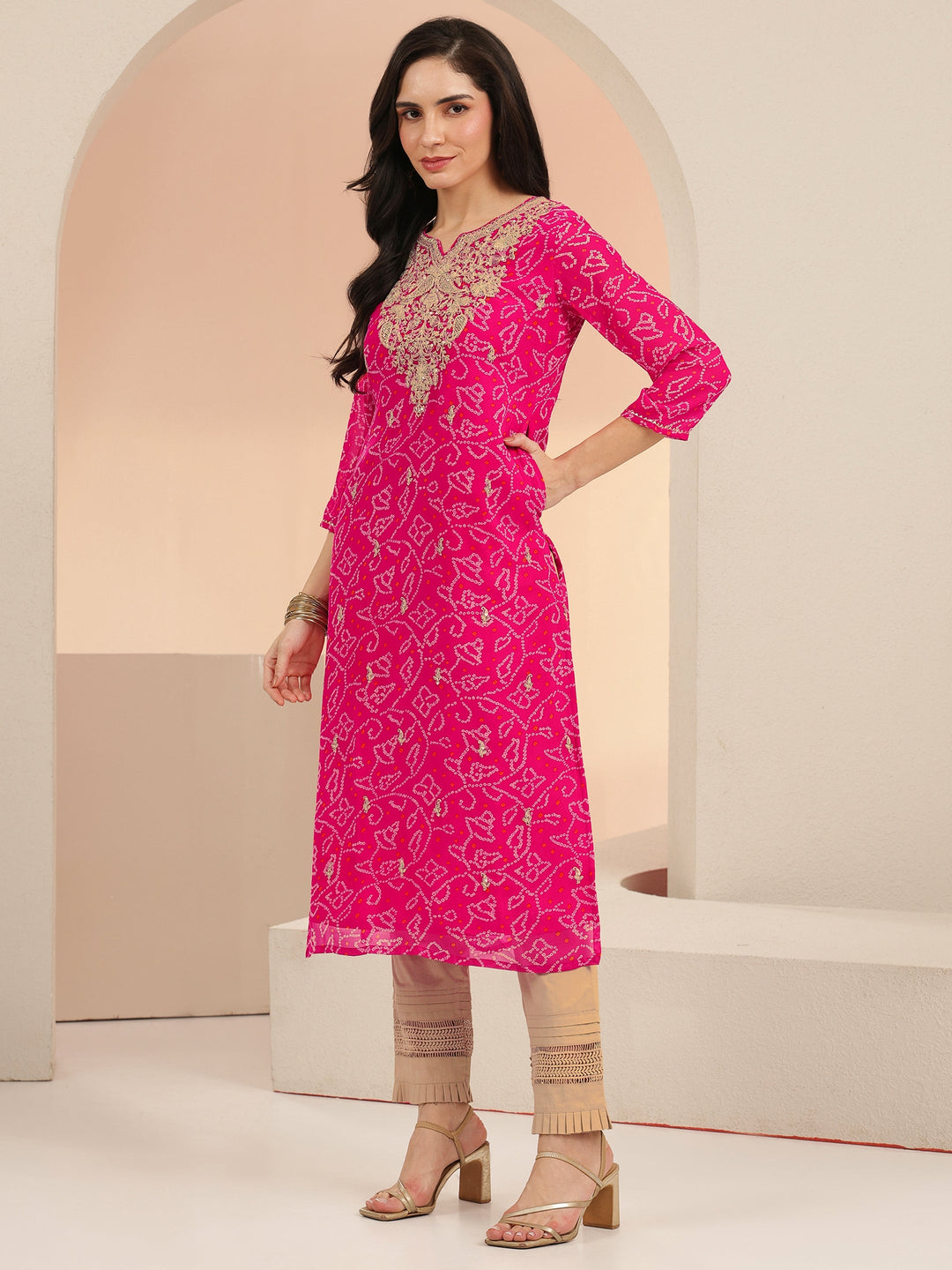 Libas Fuchsia Pink Bandhani Printed Chiffon Straight Kurta
