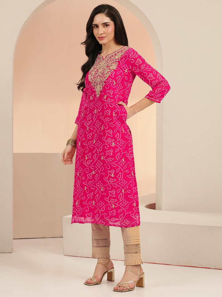 Libas Fuchsia Pink Bandhani Printed Chiffon Straight Kurta