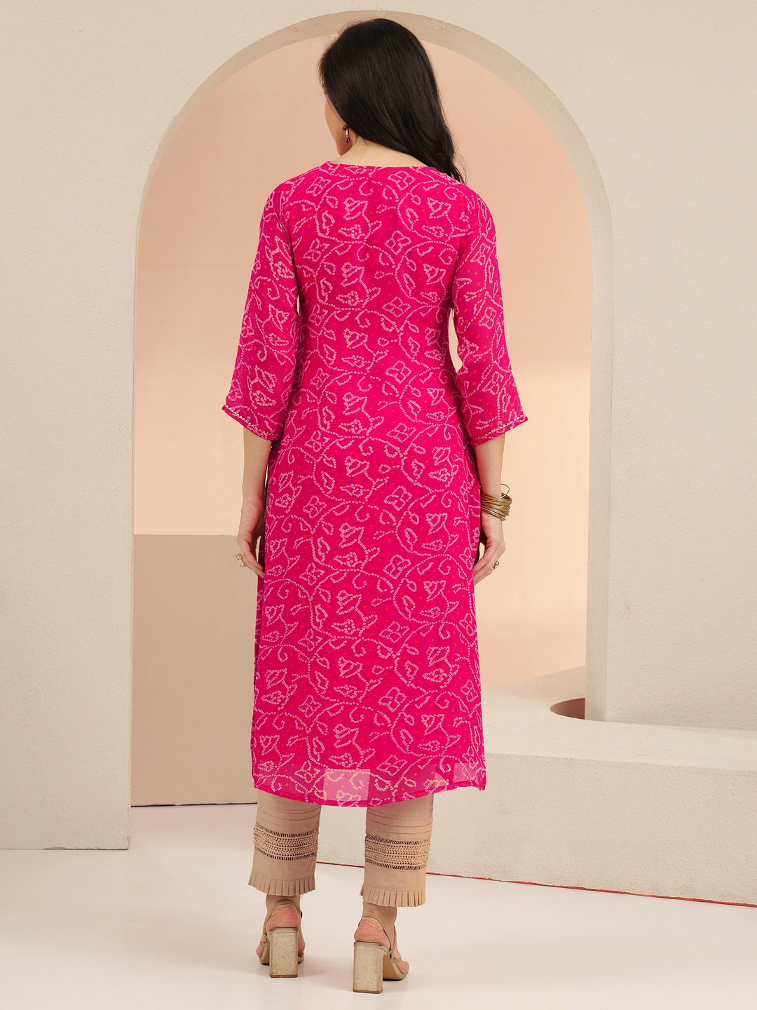 Libas Fuchsia Pink Bandhani Printed Chiffon Straight Kurta